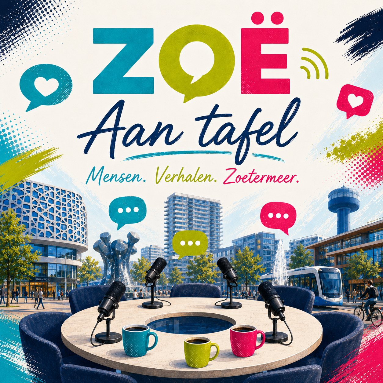 Artwork voor ZOË Aan tafel met de onderregel Mensen. Verhalen. Zoetermeer.